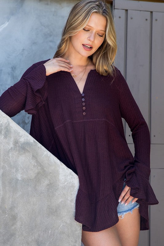 Raisin Waffle Knit Flare Top