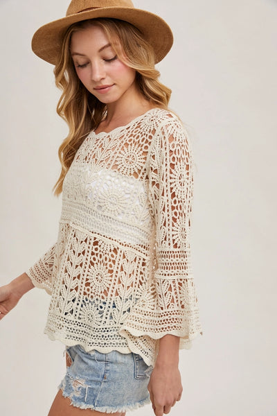 Natural Crochet Bell Sleeve Top