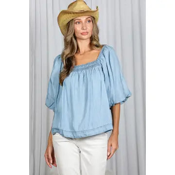 Bubble Sleeve Chambray Square Neck Top