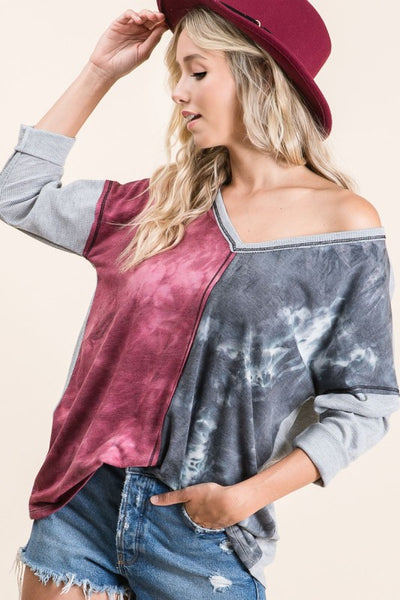 Tie Dye Color Block V-Neck