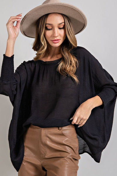 Black Smocked Linen Dolman Top