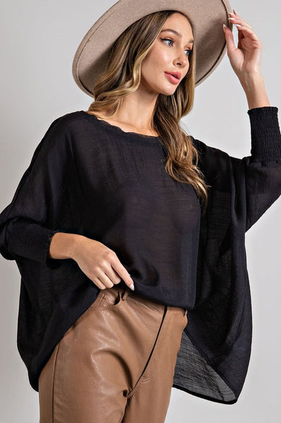 Black Smocked Linen Dolman Top