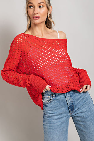 Tomato Red Eyelet Knit Sweater