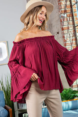 Merlot Off The Shoulder Top w/Flare Sleeves