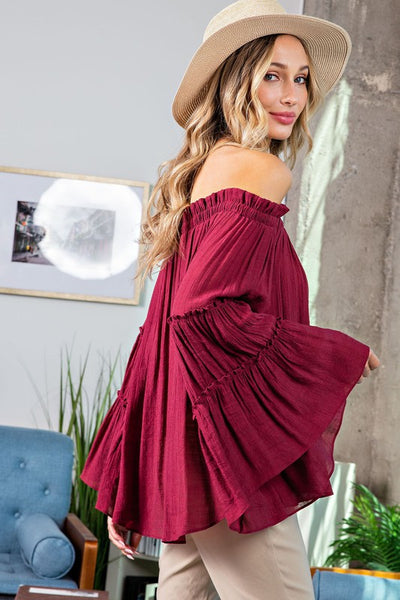 Merlot Off The Shoulder Top w/Flare Sleeves
