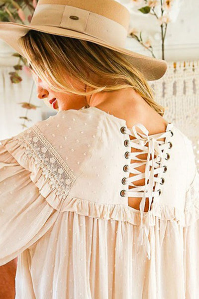 Lace Up Back Cream Blouse