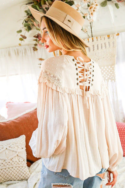 Lace Up Back Cream Blouse