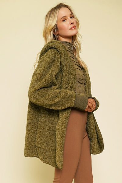 Dark Olive Faux Fur Open Hoodie