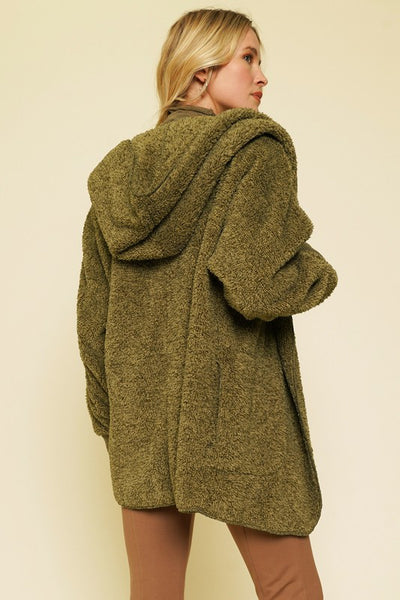 Dark Olive Faux Fur Open Hoodie