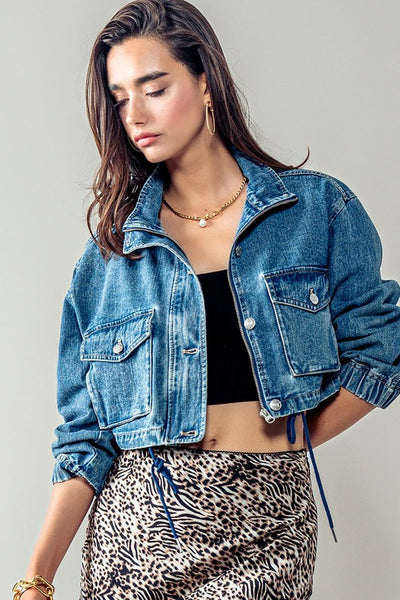 Cropped Denim Jacket w/Drawstring Detail