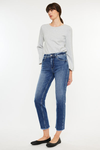 High-Rise Slim Straight Fringe Hem Jeans