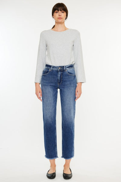 High-Rise Slim Straight Fringe Hem Jeans