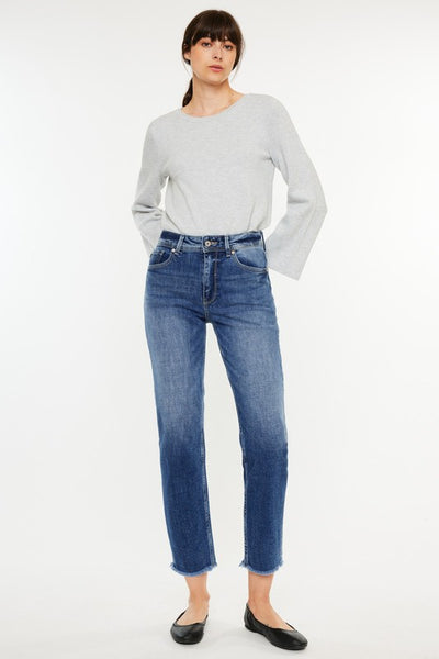 High-Rise Slim Straight Fringe Hem Jeans