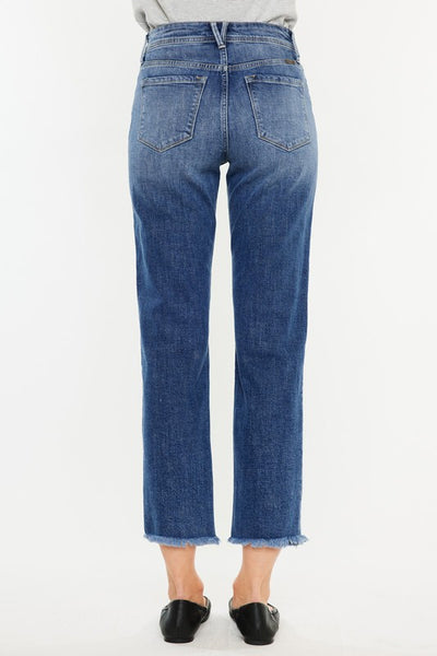 High-Rise Slim Straight Fringe Hem Jeans