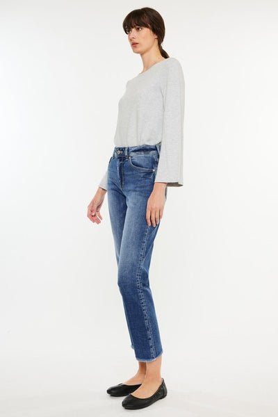 High-Rise Slim Straight Fringe Hem Jeans