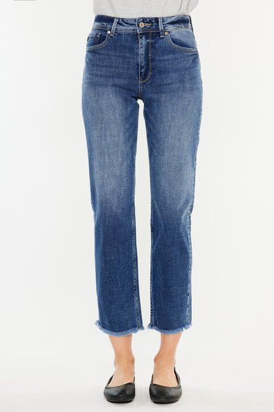 High-Rise Slim Straight Fringe Hem Jeans