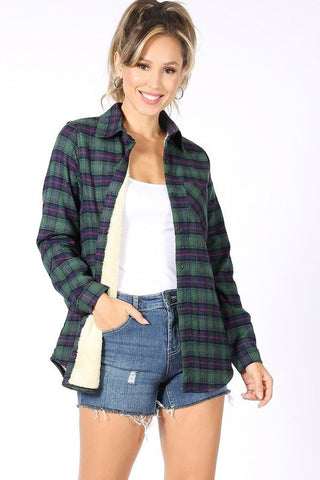 Plaid Faux Fur Lined Shirt-Navy