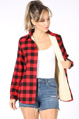 Plaid Faux Fur Lined Shirt-Red