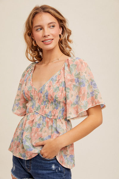 Smocked Floral Print Top