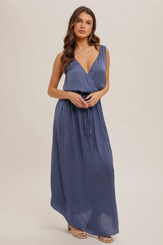 "The Hanah" Dusty Blue Washed Satin Dress