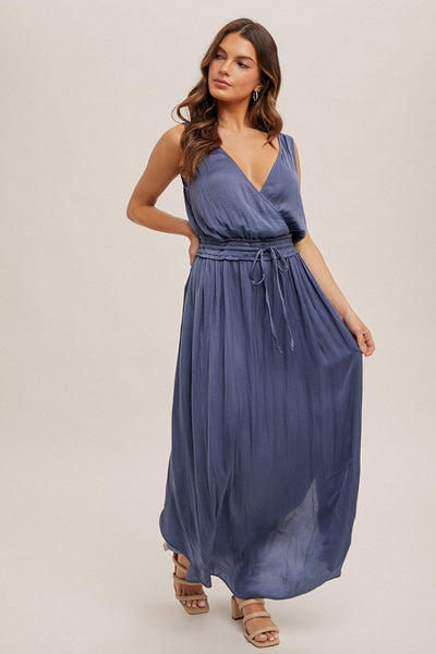 "The Hanah" Dusty Blue Washed Satin Dress