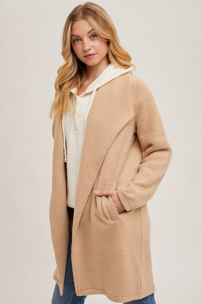 Beige Open Front Knit Coat Jacket