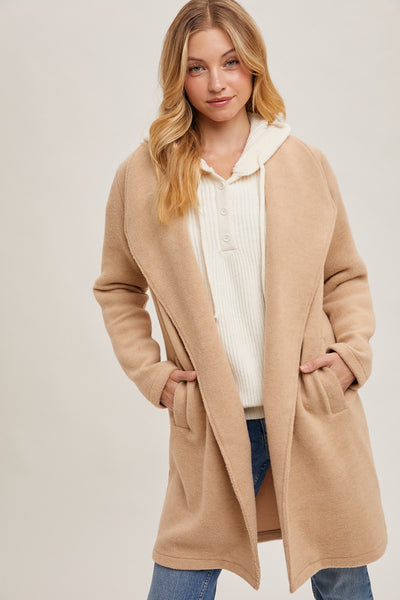 Beige Open Front Knit Coat Jacket