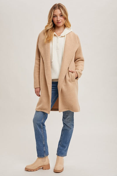 Beige Open Front Knit Coat Jacket