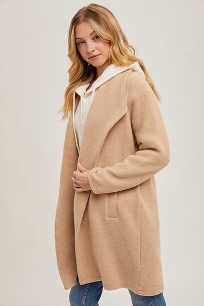 Beige Open Front Knit Coat Jacket