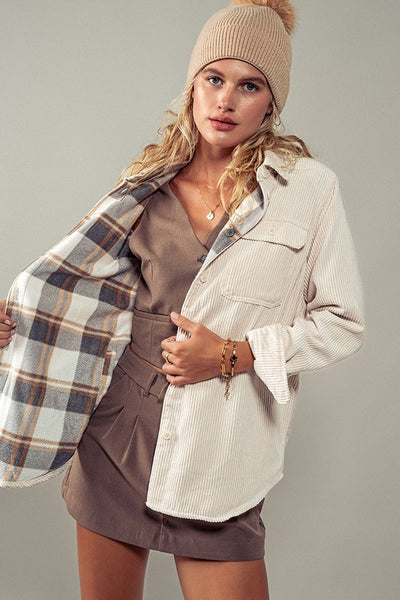 Corduroy Shacket w/Plaid Lining
