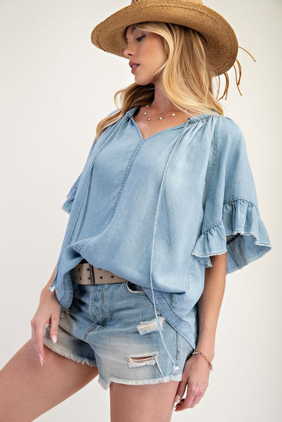 Washed Chambray Ruffle Sleeve Top