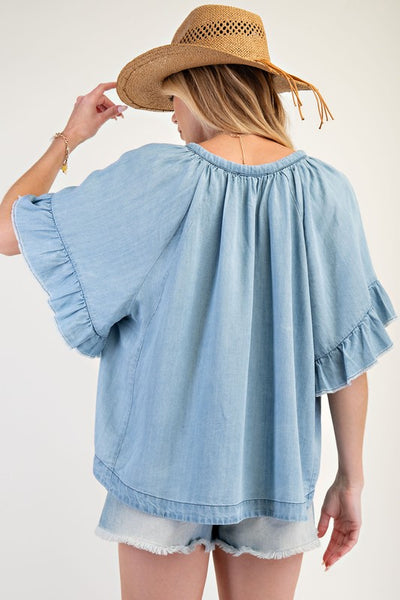 Washed Chambray Ruffle Sleeve Top