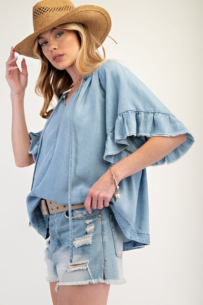 Washed Chambray Ruffle Sleeve Top