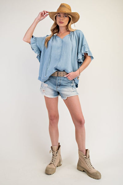 Washed Chambray Ruffle Sleeve Top