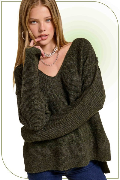 Moss Green Marled V-Neck Sweater