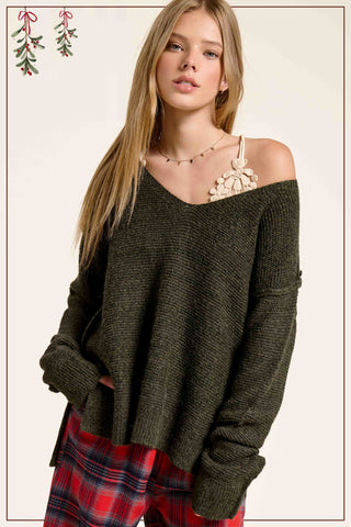 Moss Green Marled V-Neck Sweater