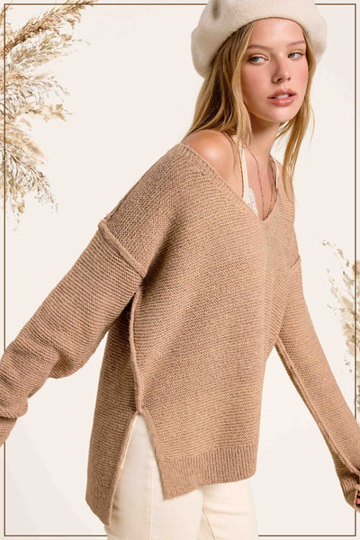 Marled V-Neck Sweater w/Exposed Seams