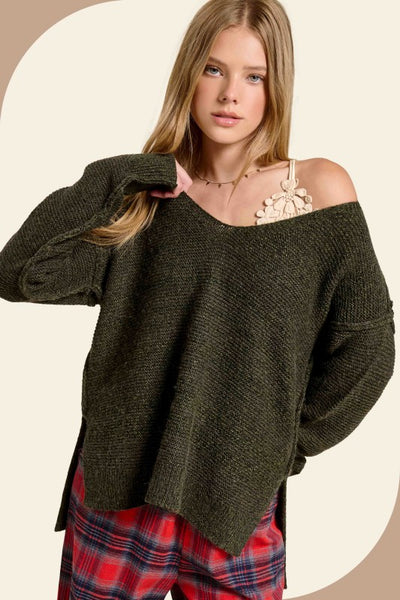 Moss Green Marled V-Neck Sweater