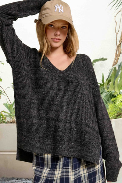 Marled V-Neck Sweater w/Exposed Seams
