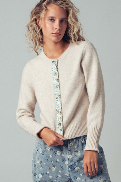 Floral Contrast Crew Neck Cardigan