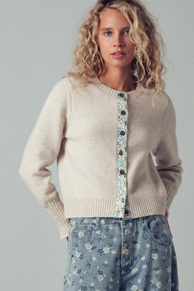 Floral Contrast Crew Neck Cardigan