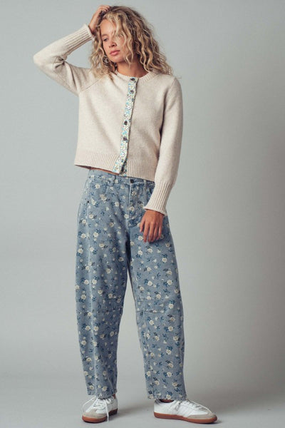 Floral Contrast Crew Neck Cardigan