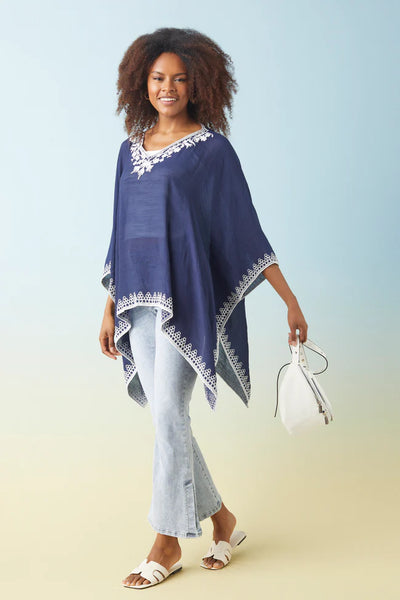 Navy Poncho w/Embroidered Trim