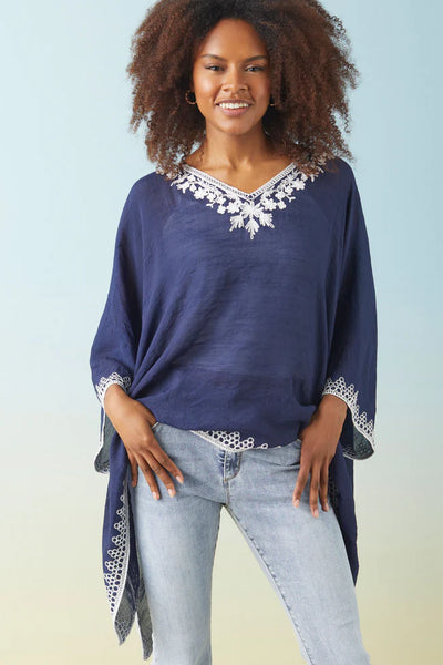 Navy Poncho w/Embroidered Trim