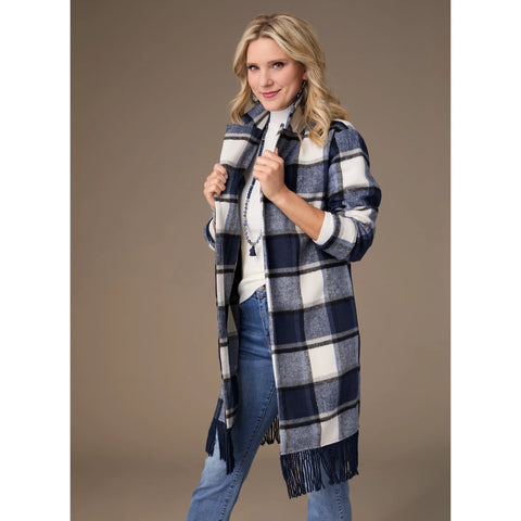 Navy Plaid Open Front Shacket