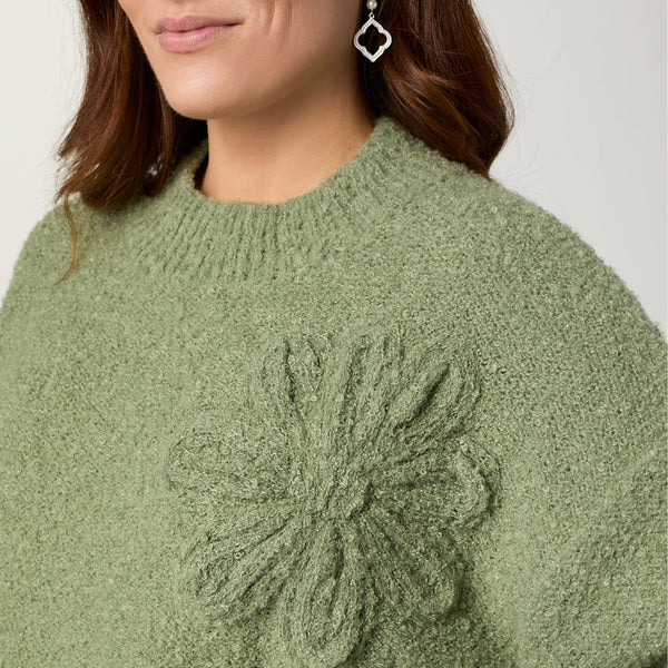 Dusty Olive Sweater w/Floral Applique