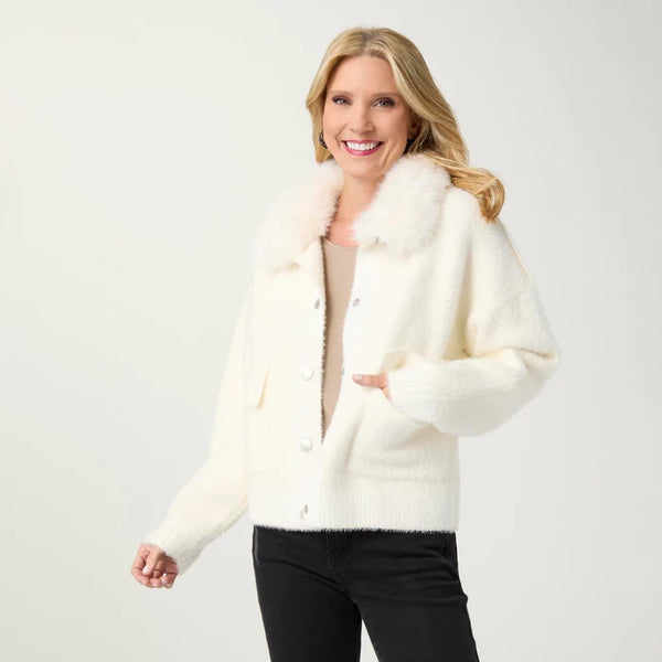Brushed Cardigan w/Faux Fur Collar
