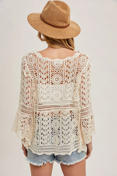 Natural Crochet Bell Sleeve Top
