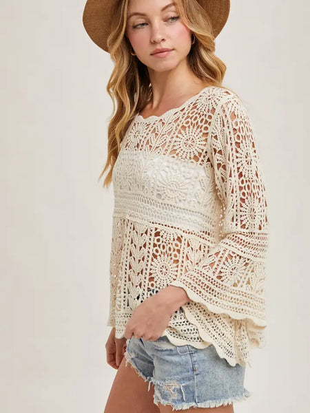 Natural Crochet Bell Sleeve Top