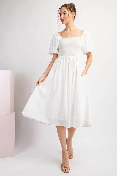 Smocked Square Neck Midi Dress